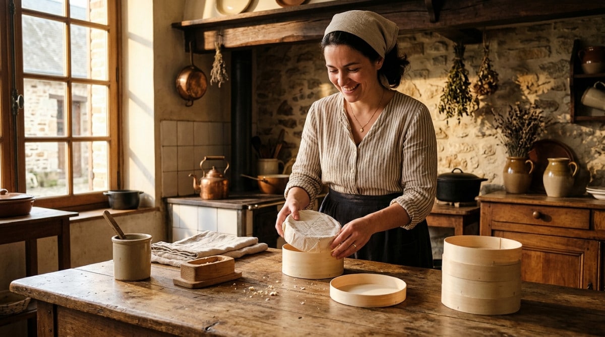 Femme emballant un camembert dans une boîte en bois