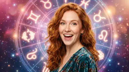 Femme émerveillée contemplant un ciel étoilé doré et une lune lumineuse pour l'horoscope du 6 octobre 2026