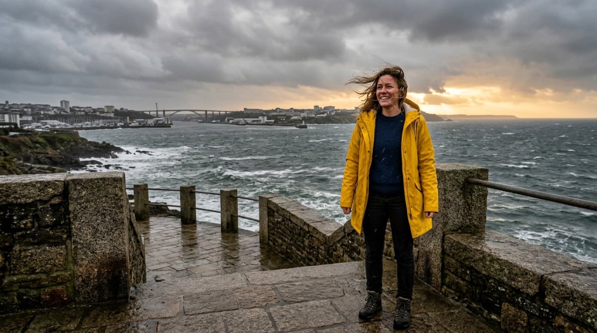 Femme en ciré jaune face au vent à Brest