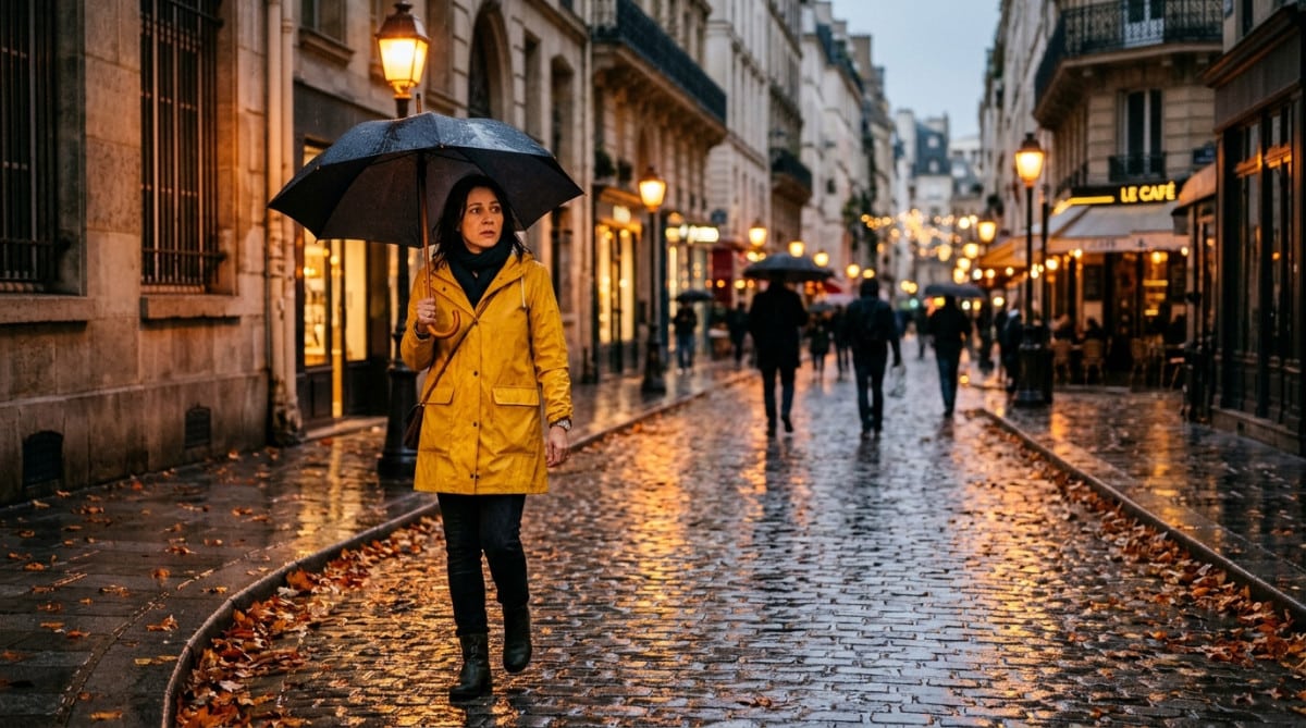 Femme en ciré jaune sous la pluie dans une rue de Paris