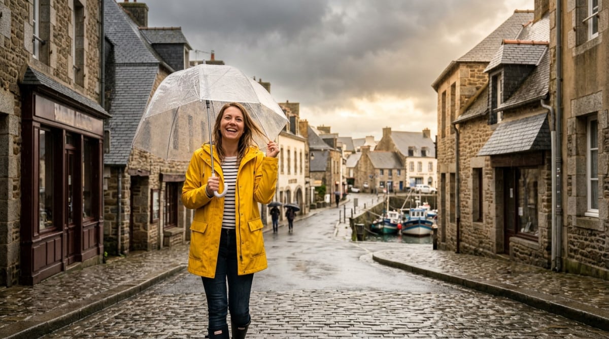 Femme en ciré jaune sous la pluie en Bretagne