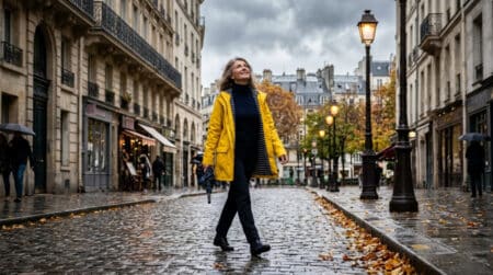 Femme en imperméable jaune marchant dans Paris sous les nuages