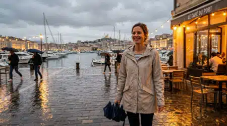 Femme en imperméable sur le Vieux-Port de Marseille sous la bruine