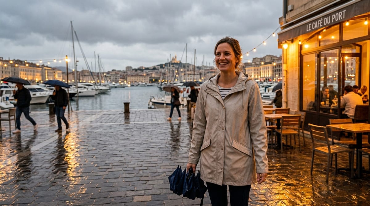 Femme en imperméable sur le Vieux-Port de Marseille sous la bruine