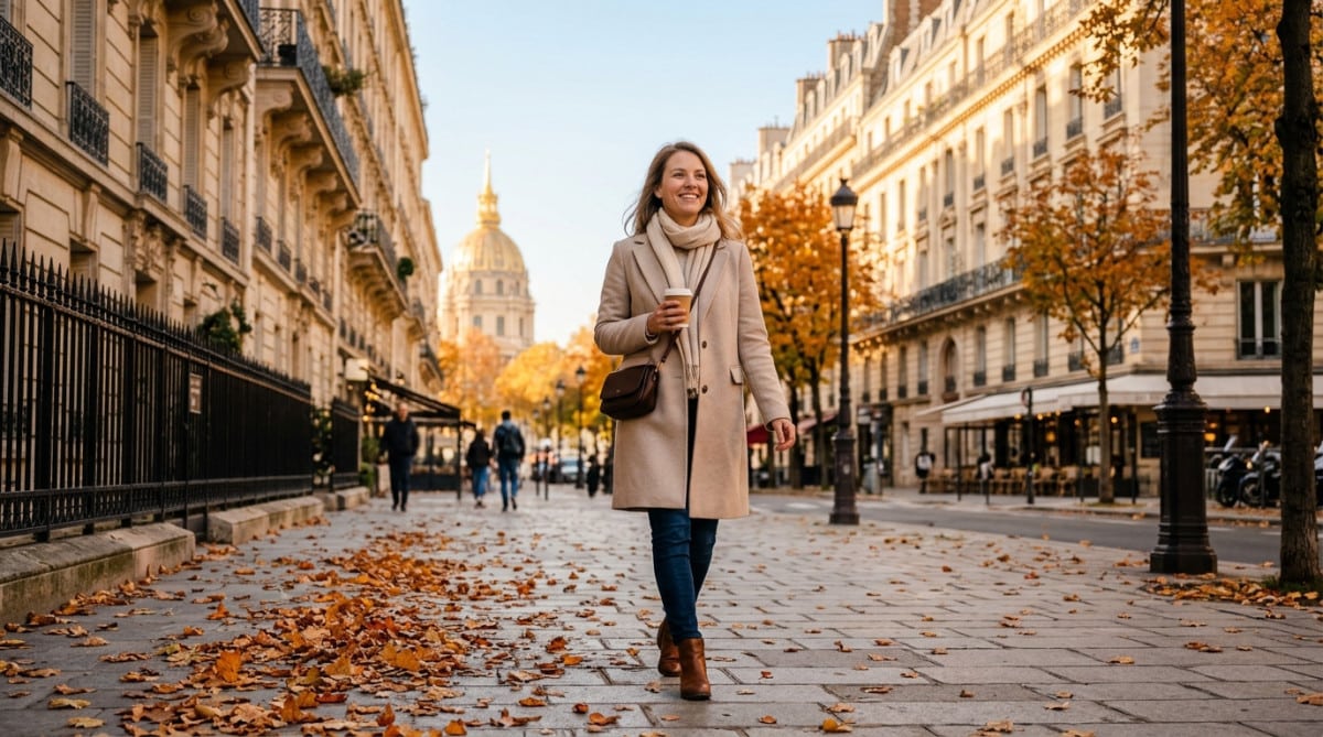 Femme en manteau d'automne sous un ciel clair à Paris