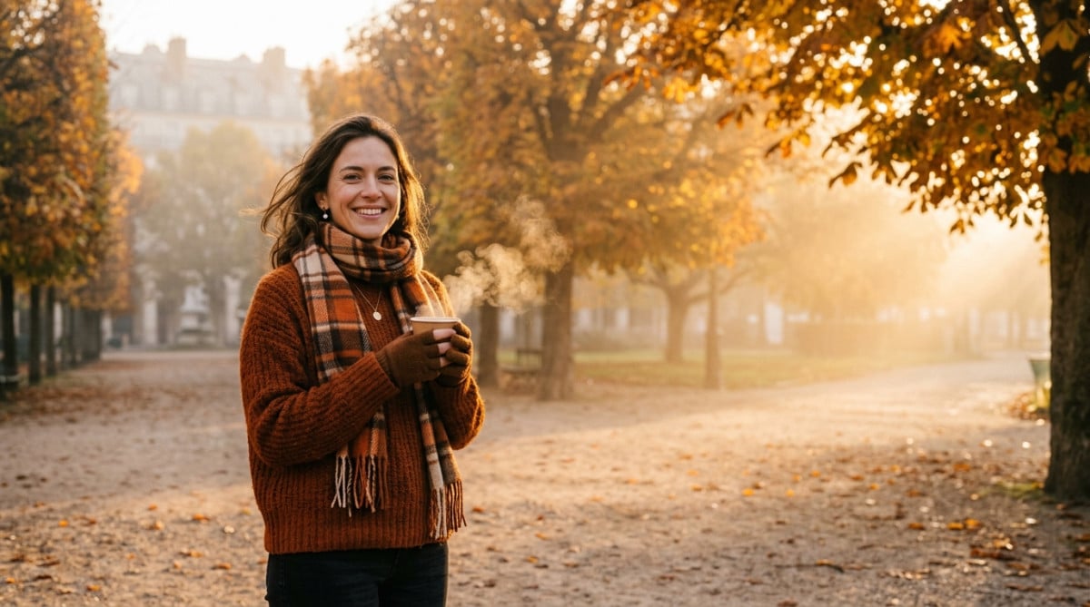 Femme en pull dans un parc parisien brumeux en automne