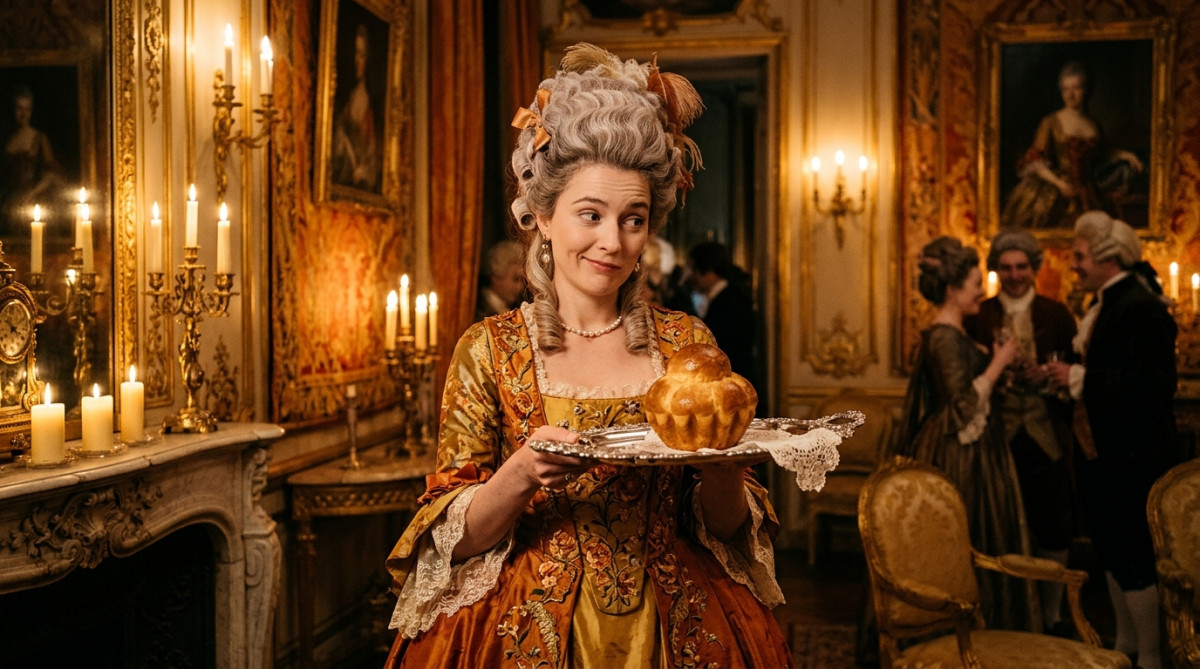 Femme en robe d'époque tenant une brioche dorée sur un plateau