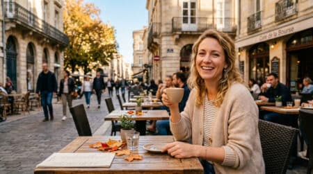 Femme en terrasse sous le soleil d'octobre à Bordeaux