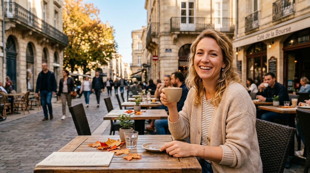 Femme en terrasse sous le soleil d'octobre à Bordeaux