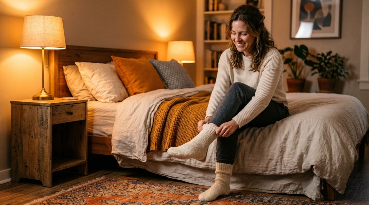 Femme enfilant des chaussettes en laine sur son lit