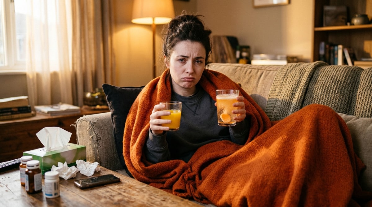 Femme enrhumée avec un jus d'orange et un comprimé effervescent