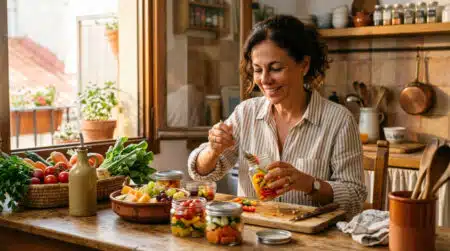 Femme espagnole rangeant ses restes de légumes dans sa cuisine
