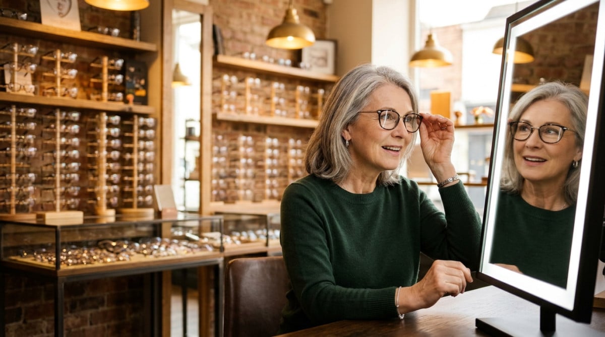 Femme essayant des lunettes devant un miroir chez l'opticien