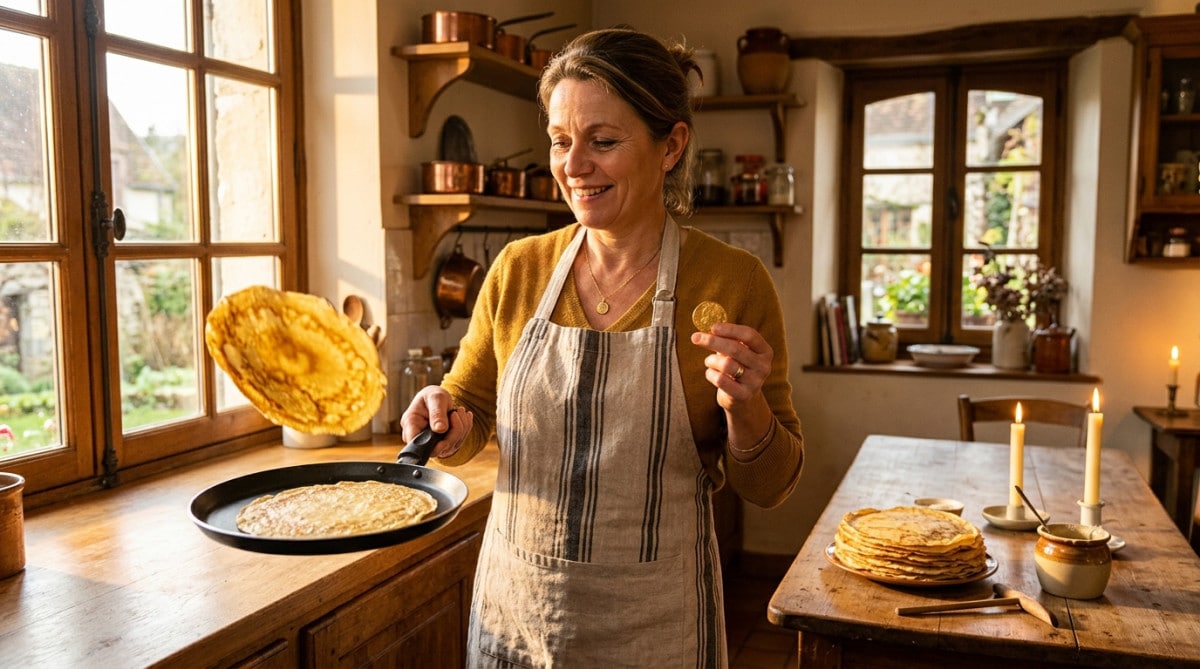 Femme faisant sauter une crêpe avec une pièce d'or