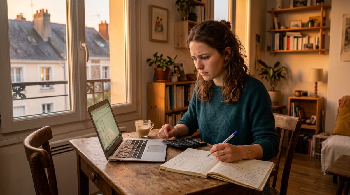 Femme faisant ses comptes dans son appartement nantais