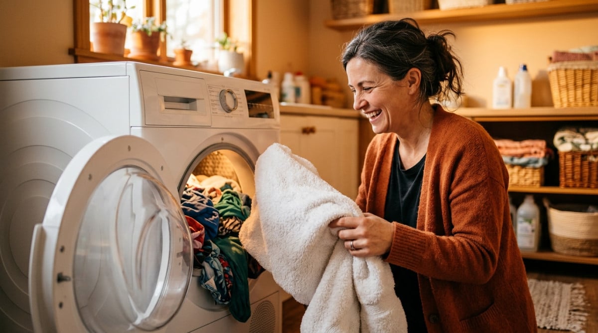 Femme glissant une serviette sèche dans le sèche-linge