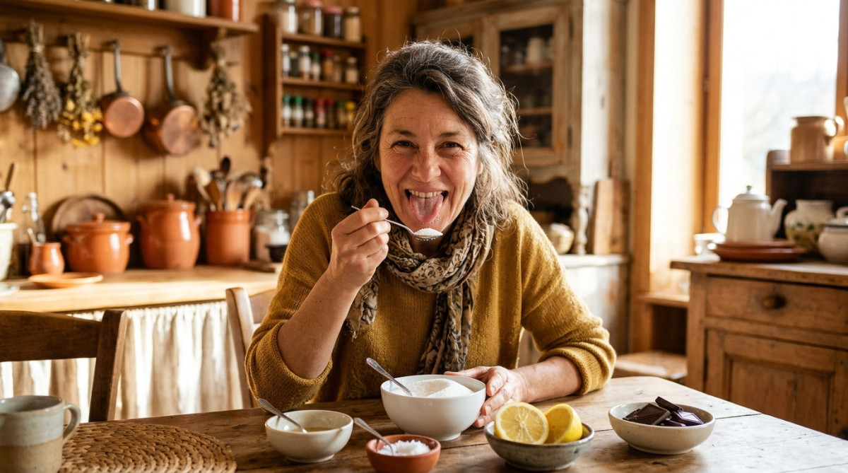 Femme goûtant du sucre en tirant la langue