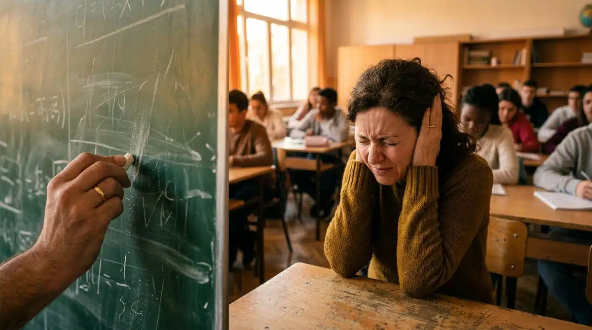 Femme grimaçant au crissement de craie sur un tableau
