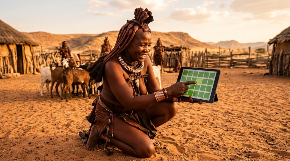 Femme himba pointant un carré parmi des carrés verts