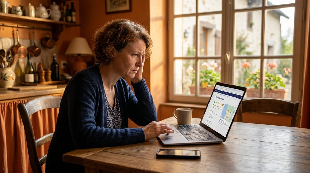 Femme inquiète devant le suivi d'un colis introuvable
