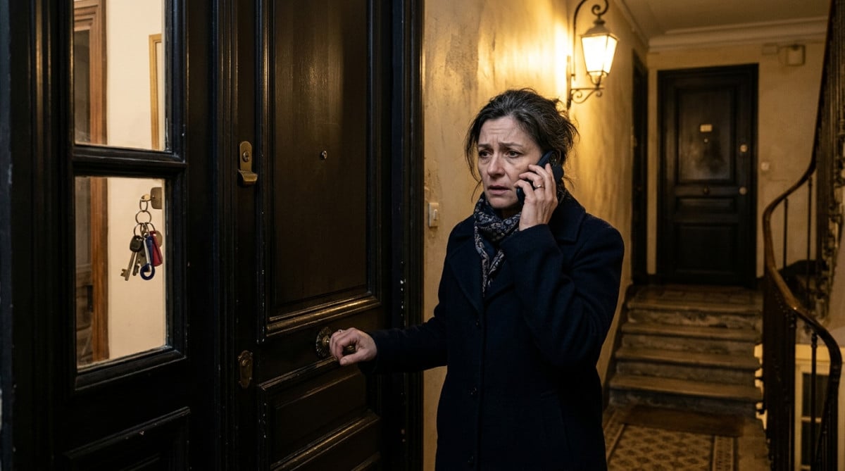 Femme inquiète devant sa porte claquée la nuit