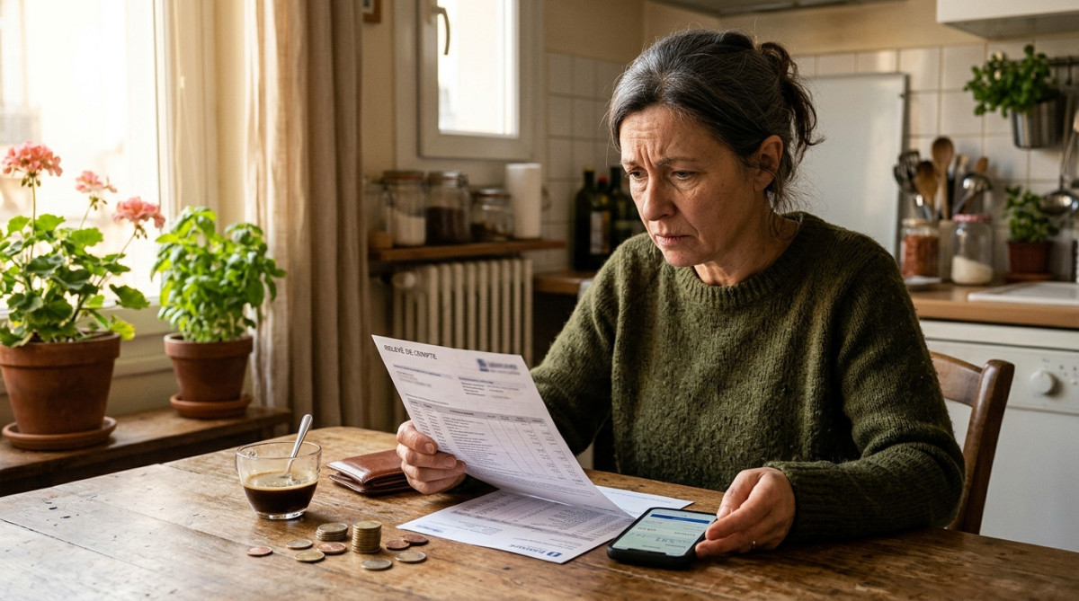 Femme inquiète examinant son relevé bancaire