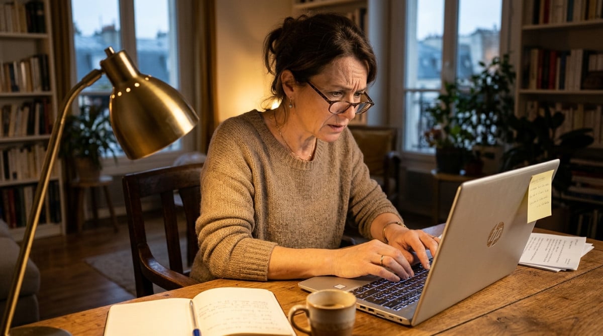 Femme inquiète tapant sur un clavier AZERTY
