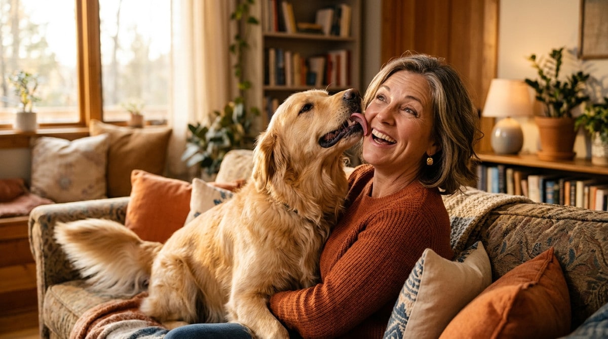 Femme léchée sur la joue par un golden retriever
