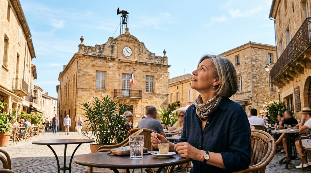 Femme levant la tête vers une sirène en terrasse à midi