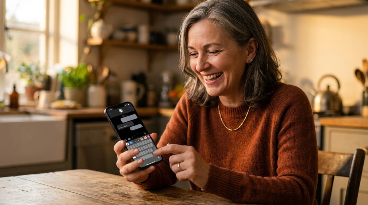 Femme maintenant son pouce sur la barre d'espace de l'iPhone