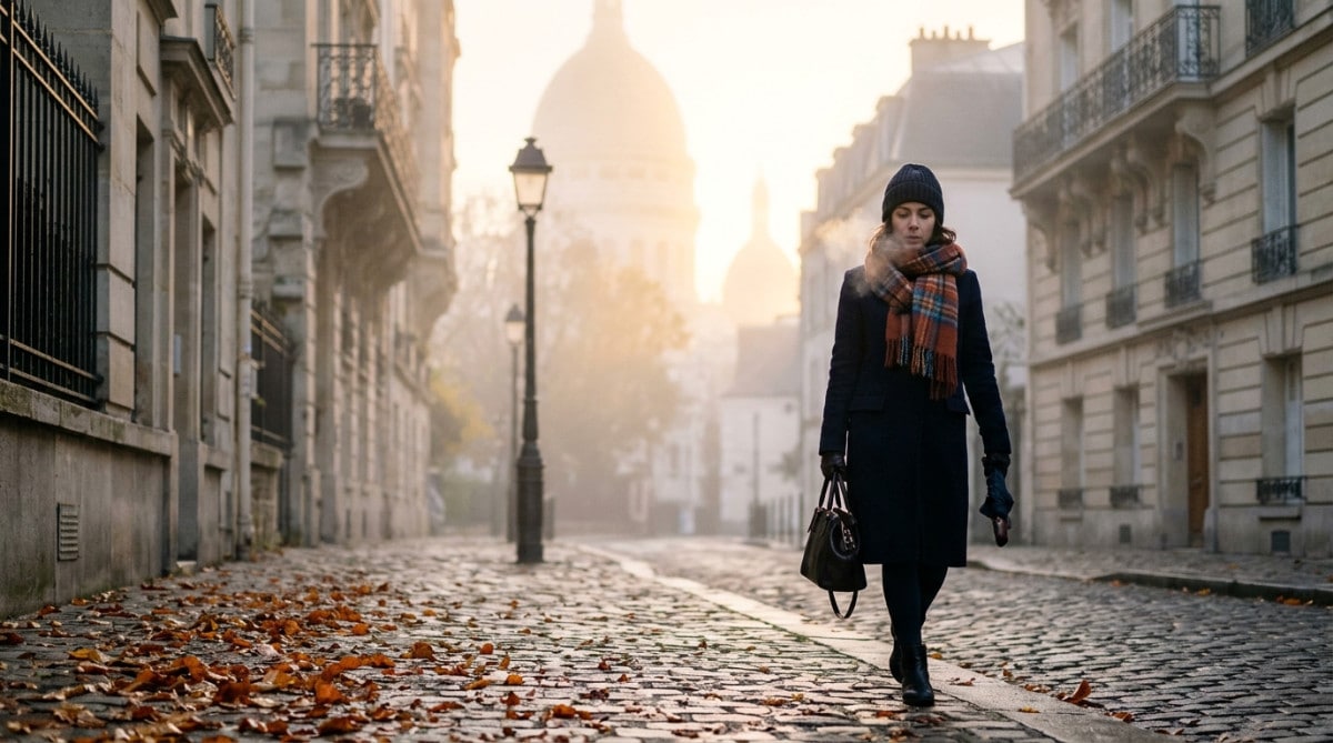 Femme marchant dans le brouillard matinal à Paris
