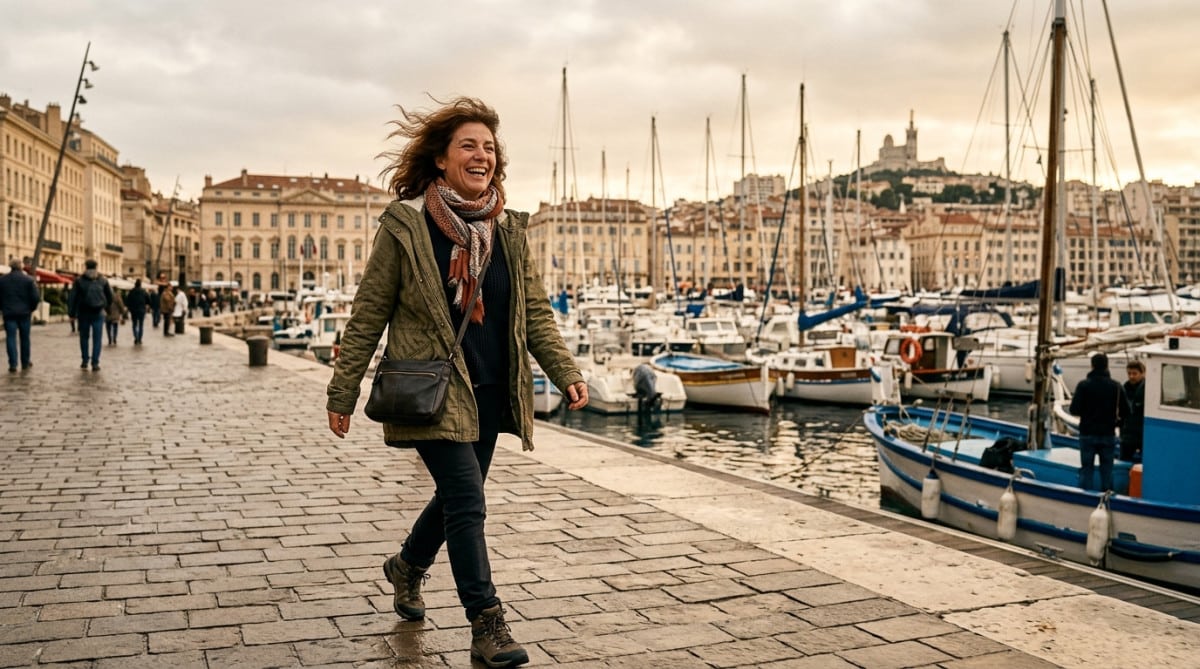 Femme marchant face au vent sur le Vieux-Port de Marseille