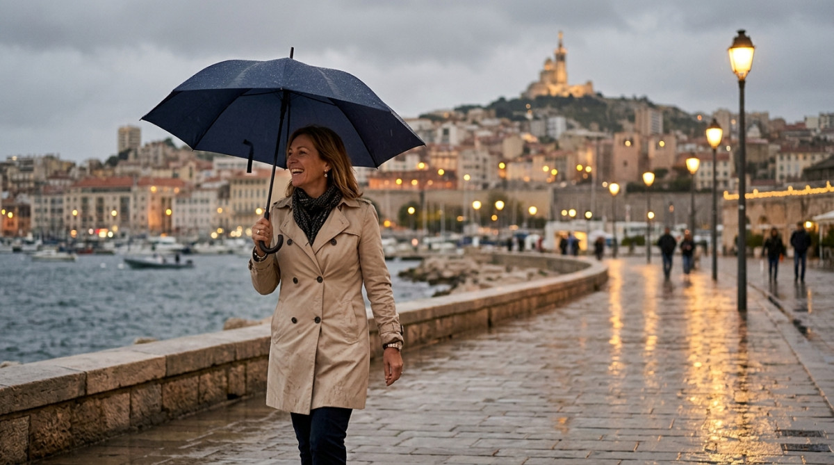 Femme marchant sous la bruine sur le front de mer à Marseille