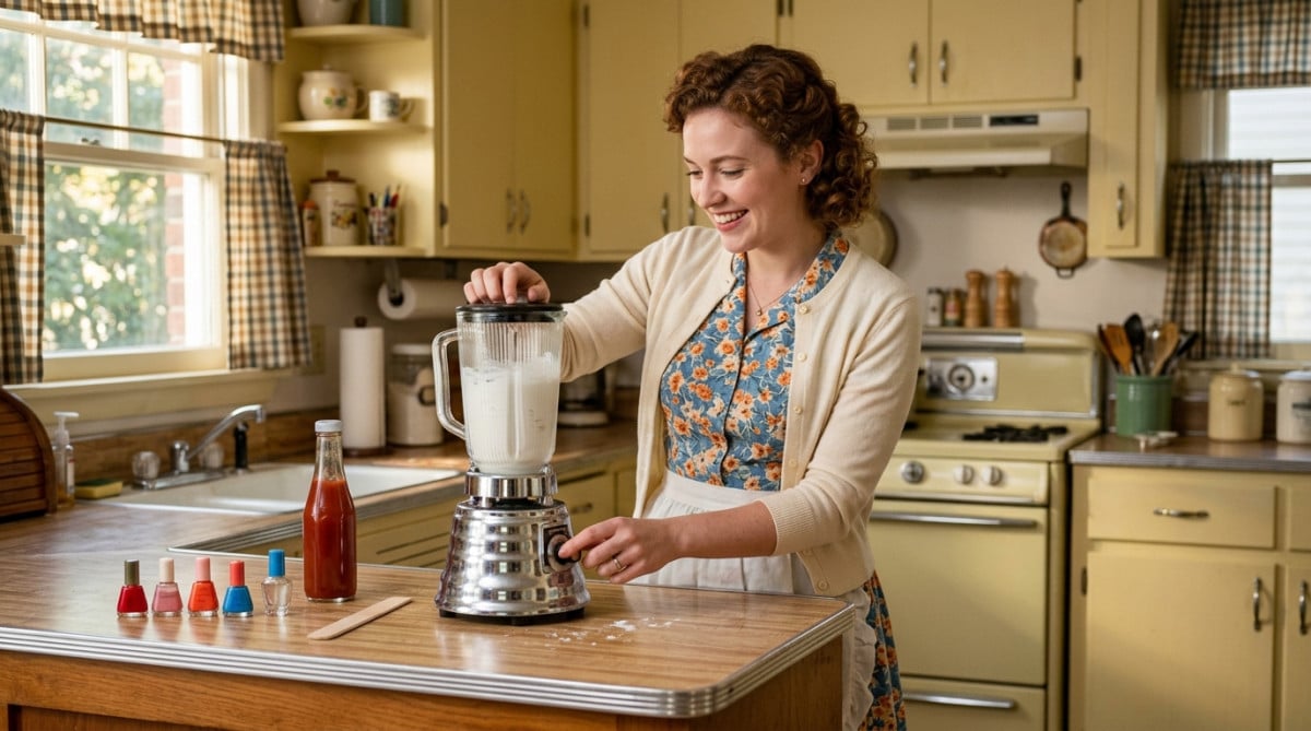 Femme mélangeant de la peinture blanche dans un blender