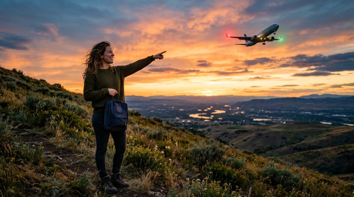 Femme montrant du doigt un avion au crépuscule avec ses feux de bout d'aile