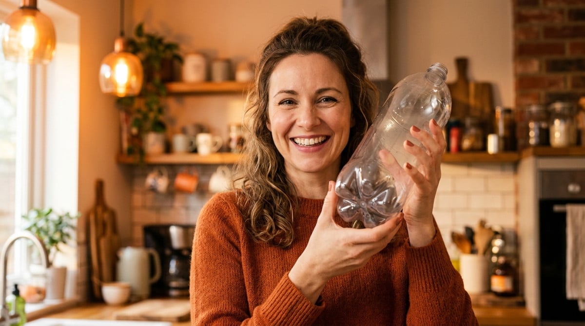 Femme montrant le fond en pétales d'une bouteille en plastique