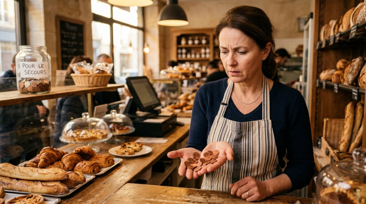 Femme observant des petites pièces rouges d'euro