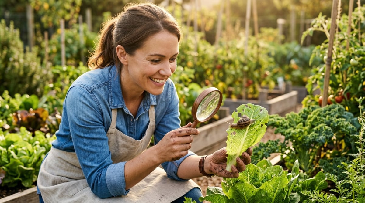 Femme observant un escargot qui grignote une salade