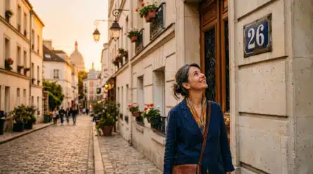 Femme observant un numéro de rue sur une façade parisienne