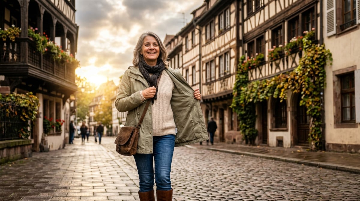 Femme ouvrant sa veste sous le soleil à Strasbourg