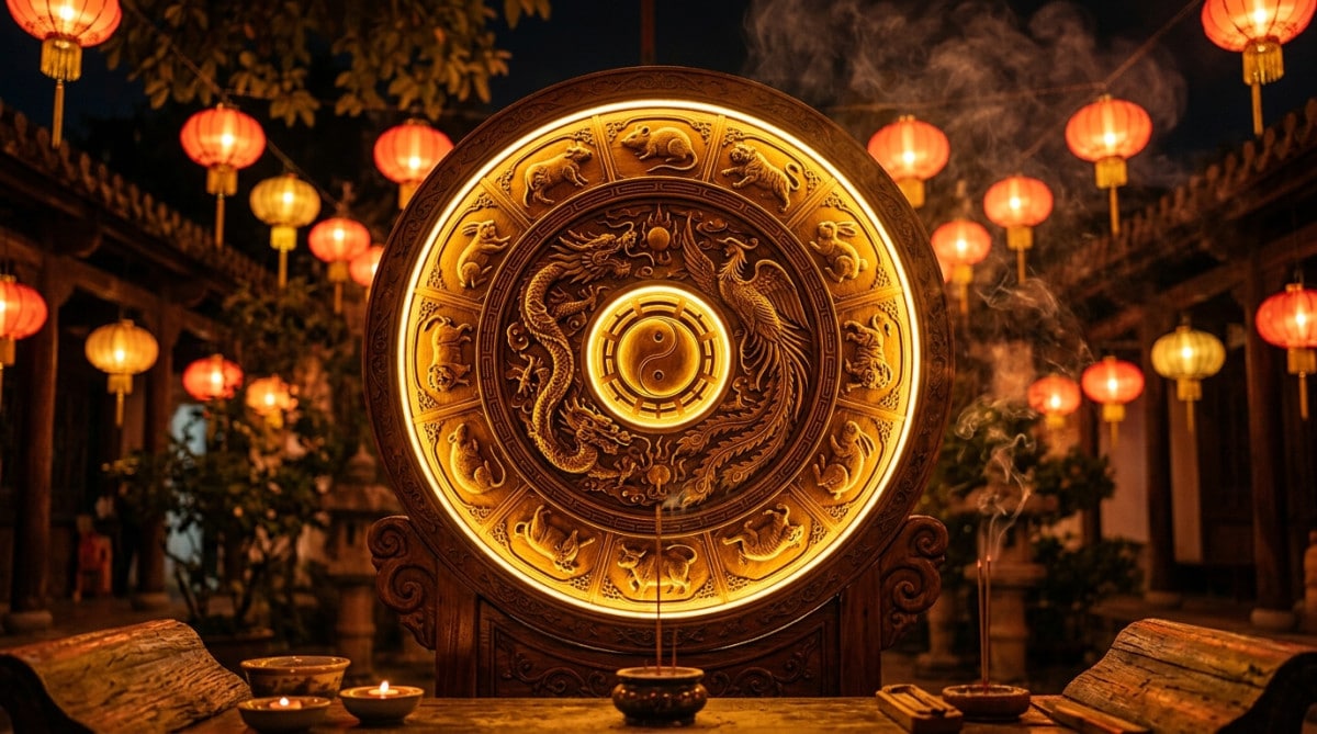 Femme paisible buvant un thé au coucher du soleil dans une ambiance mystique pour l'horoscope chinois du dimanche 18 octobre 2026
