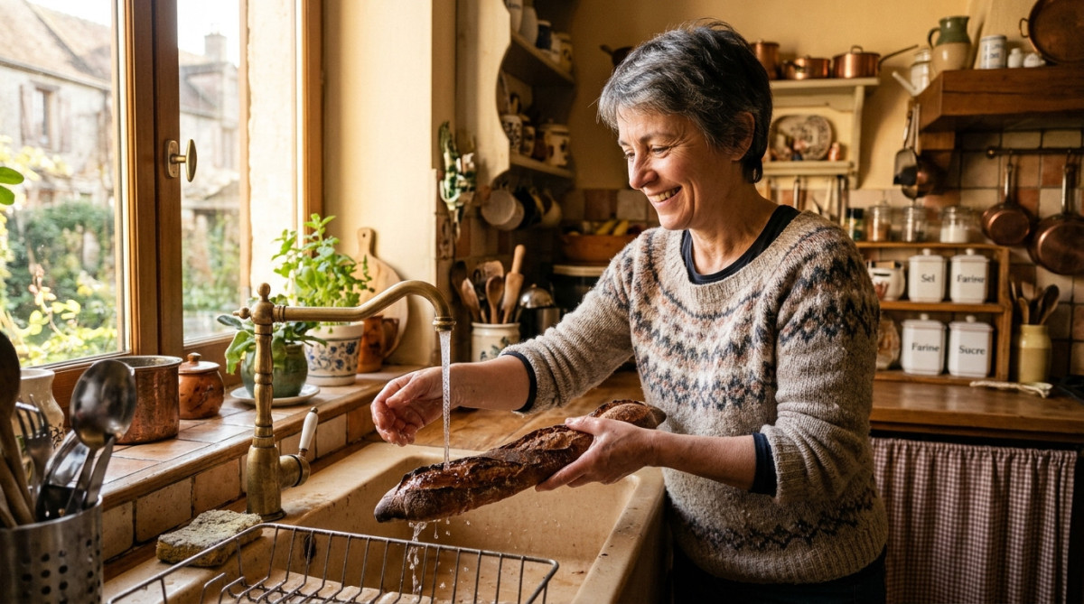 Femme passant une baguette rassis sous le robinet