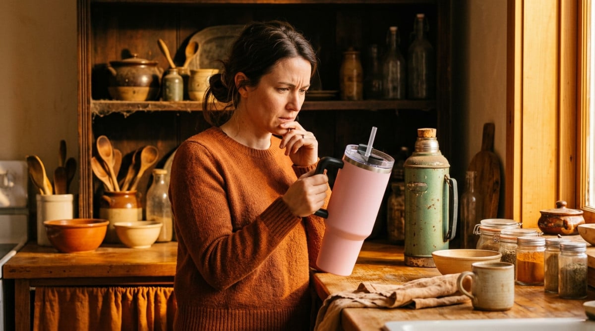Femme perplexe devant une gourde Stanley rose et un vieux thermos vert