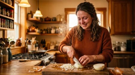 Femme pleurant en coupant un oignon dans sa cuisine
