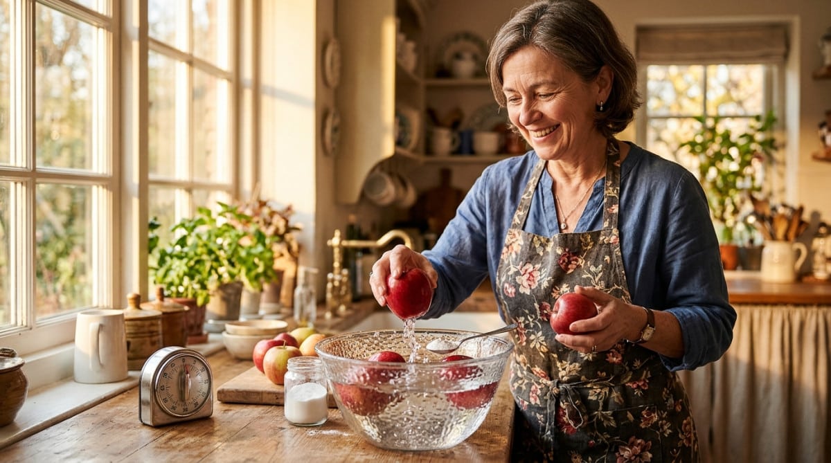 Femme plongeant des pommes dans un bol d'eau au bicarbonate