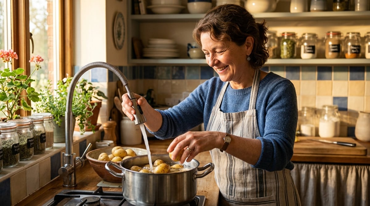 Femme plongeant des pommes de terre dans de l'eau froide