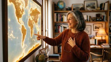 Femme pointant des îles françaises sur une carte du monde