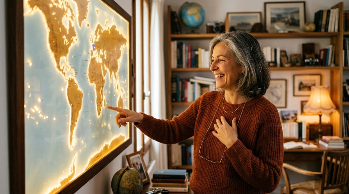 Femme pointant des îles françaises sur une carte du monde