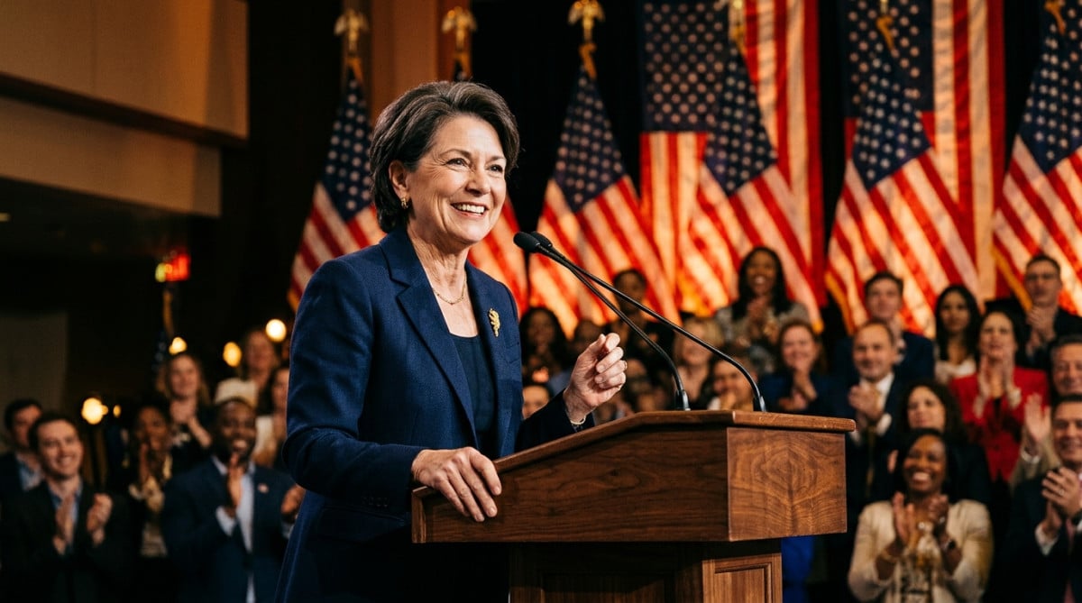 Femme politique souriante devant des drapeaux américains
