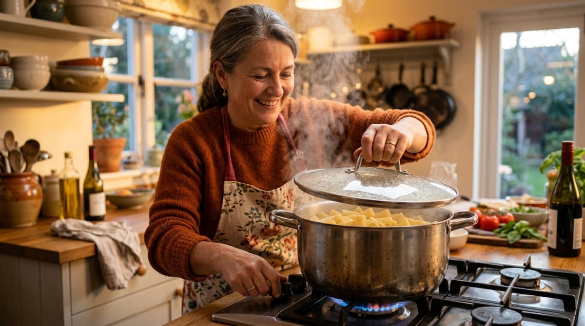 Femme posant un couvercle sur une casserole de pâtes